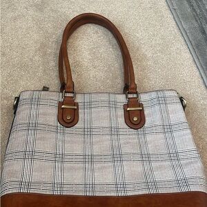 Charleston Bags Plaid Tote Bag with Brown Leather Accents